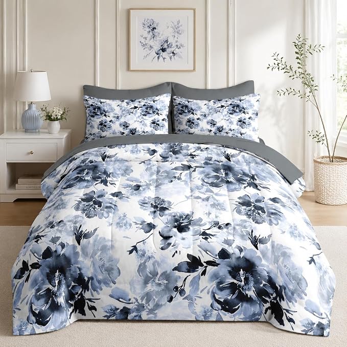 Nesker Comforter Set King Size, Navy Blue Floral 7 Pcs Bedding for Kids and Adults, Blue White Abstract Bed Sheet Sets with Fitted Sheet 2 Pillowcases & 2 Shams