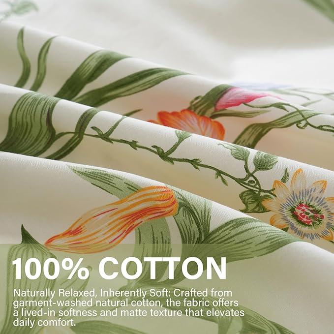 Duvet Cover Queen Size 100% Cotton Reversible Green Leaves Duvet Cover Set with Zipper Closure, 3 Pieces Vintage Flower Floral Bedding Comforter Cover, Ultra Soft & Breathable
