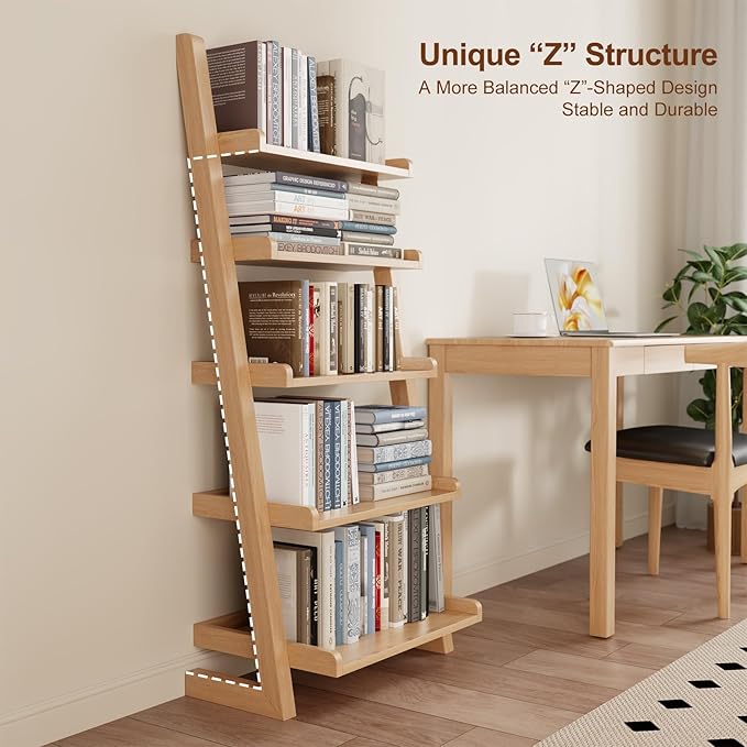 AQIMUELE Wooden Ladder Shelf with Edges, 5-Tier Modern Leaning Bookshelf Ladder – Stylish Space-Saving Bookcase for Living Room, Bedroom & Home Office