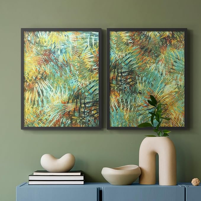Renditions Gallery Set of 2 Peel & Stick Framed Prints, Nature Abstract Wall Art, Green Leafy Design Wall Decor, Re-Stickable - Ready to Hang - 22"x28" - Black Frame LT588