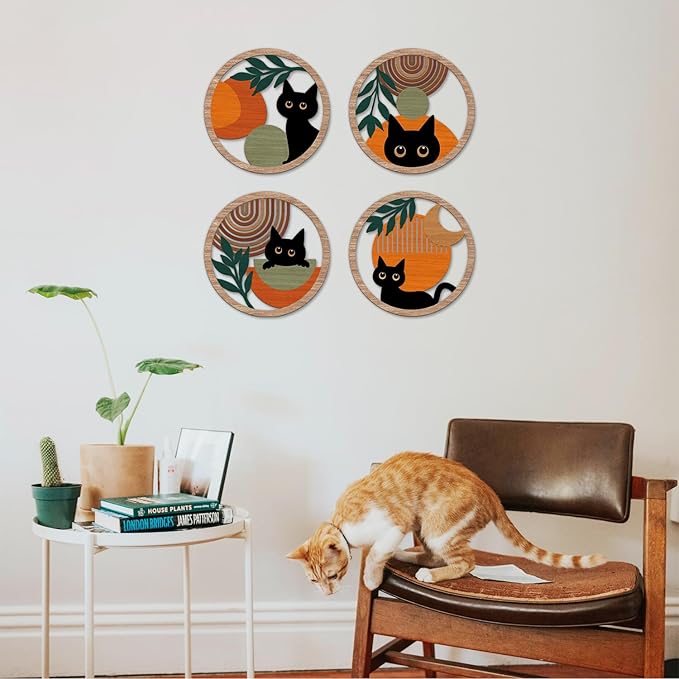 TOARTi 4PCS Minimalist Boho Black Cat Wall Art Geometric Wooden Cat Wall Decor Bohemian Black Cats Hanging Sign Abstract Boho Cats Wood Sign Farmhouse Aesthetic Geometric Artwork