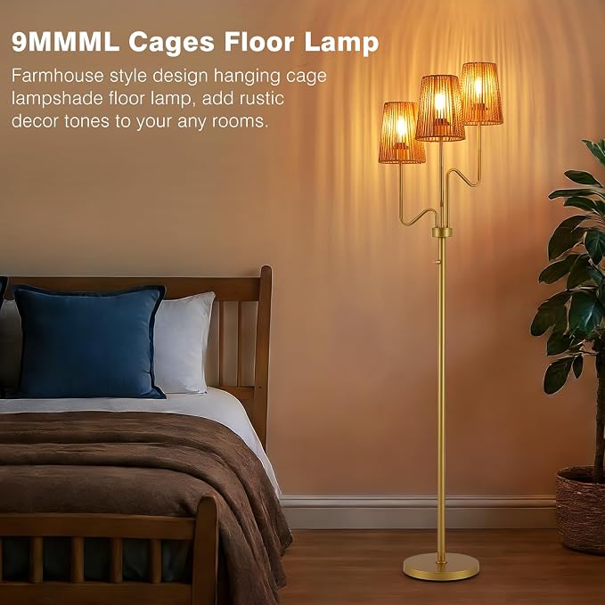 9MMML Gold Farmhouse Boho Dimmable Floor Lamp with Rattan Shade, 68'' Tall Floor Standing Lamp, 3-Light Floor Lamp for Living Room, Bedroom, Office, Corner