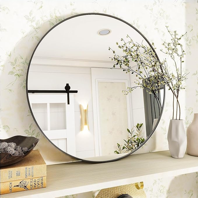 VooBang Black Round Bathroom Mirror, 20 inch Circle Wall Mounted Hanging Mirror with Simple Modern Circular Metal Frame for Hallway, Entryway, Living Room, Black Frame
