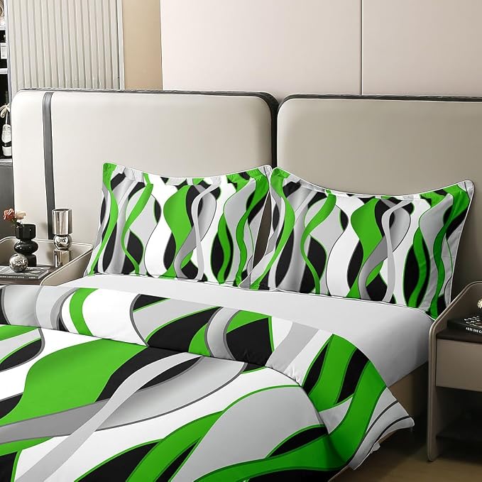 Erosebridal Green Grey Black Bedding Set Twin Geometric Spiral Striped 100% Cotton Duvet Cover Waves Abstract Art Comforter Cover for Kids Teens Adults Modern Fashion Bed Set 2 Pcs