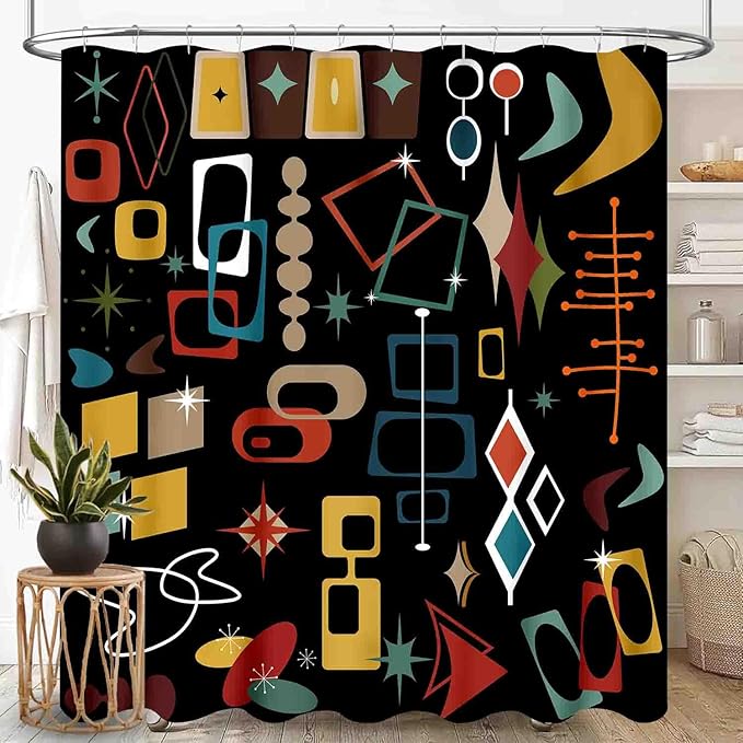 Mid Century Shower Curtain, Modern Abstract Atomic Geometric Print Pattern Colorful Black Retro 1950s 1960s Pastel Vintage Waterproof Fabric Bathroom Shower Curtain Set with Hooks, 72"x84" Inch
