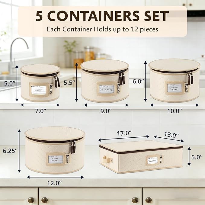 China Storage Hard Shell Containers 5-Piece Set Moving Boxes for Dinnerware, Glasses, Plates, Mugs and Saucers Sturdy Dish Organizer with Dividers for Seasonal Storage - Service for 12 - Beige Quilted