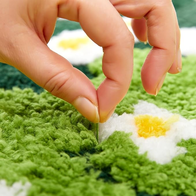 Cute Grass Rug, Green Floral Bath Mat Aesthetic Bathroom Rug 24''W x 36''L Non Slip Washable, Modern Chic Boho Funky Throw Area Rugs for Bedroom Kitchen Bathroom