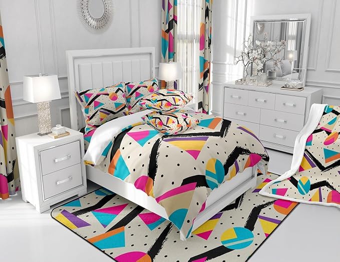 Manfei Memphis Comforter Set Full Size, Retro 80s or 90s Fashion Style Bedding Set 3pcs for Kids Boys Girls, Geometric Triangle Circle Quilt Set Soft Polyester Duvet Set with 2 Pillowcases