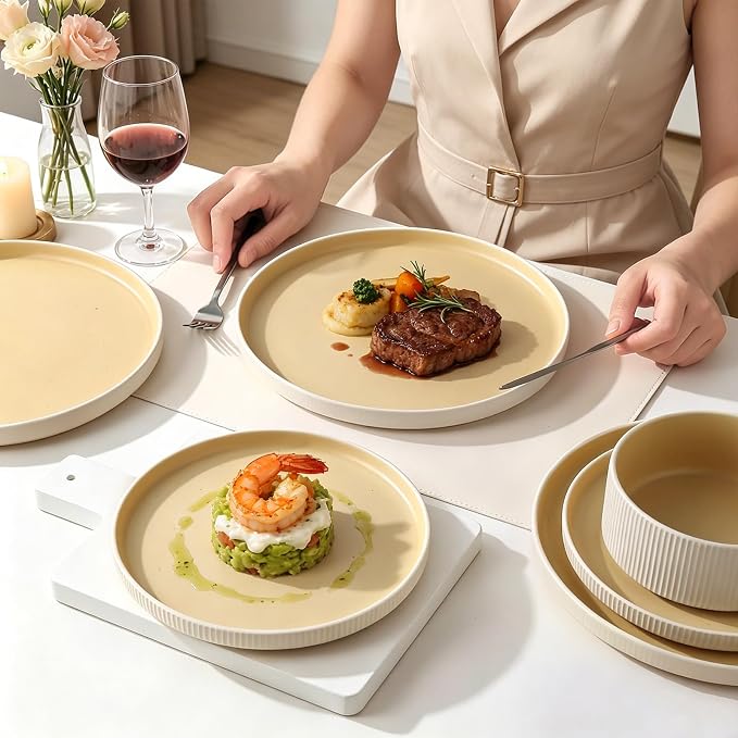 MONITO Ceramic Dinnerware Sets for 4, 12PCS Stoneware Plates and Bowls Sets, Reactive Glaze Dish Set, Chip and Scratch Resistant Double, Microwave and Dishwasher Safe, White Orange