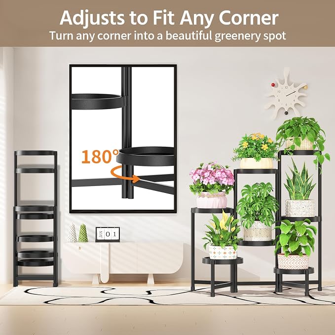 LASZOLA 7 Tiered Plant Stand Indoor Outdoor with Plastic Tray, Corner Folding Tall Flower Display Rack, Modern Plant Holder Shelf for Outdoor Patio Porch Garden Office Living Room, Black