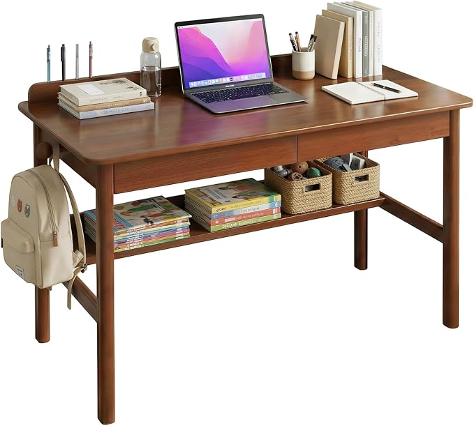 Solid Wood Study Desk & Home Office Writing Table with Drawers, 47" Vintage Mid Century Modern Computer Desk, Home Office Workstation for Bedroom, Small Spaces, Apartment(Walnut,47.2 Inch Wide)