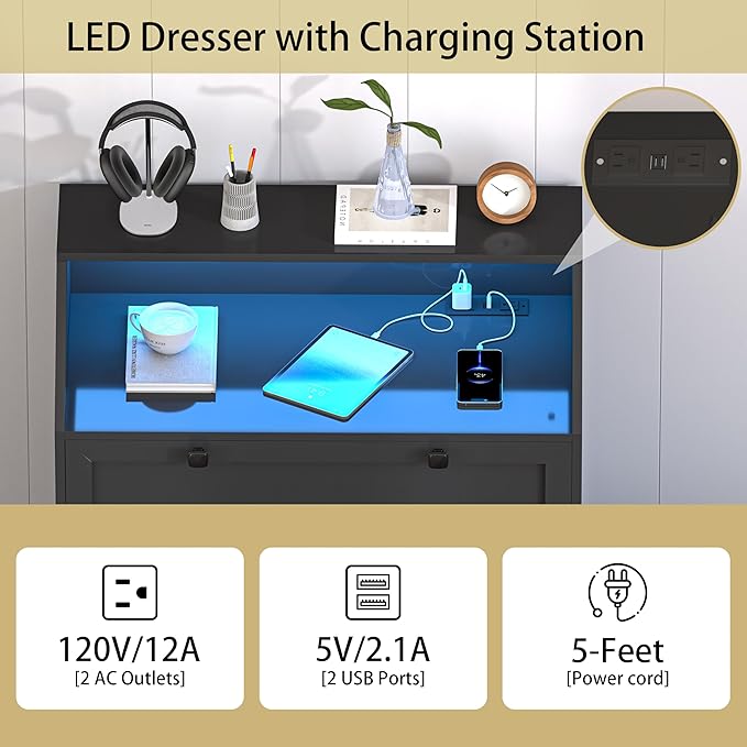 Black Dresser Tall 5 Drawer Dresser for Bedroom, Wood Chest of Drawers with LED Lights, Charging Station, Metal Handles, Modern Storage Cabinet and Organizer Drawers for Living Room, Hallway