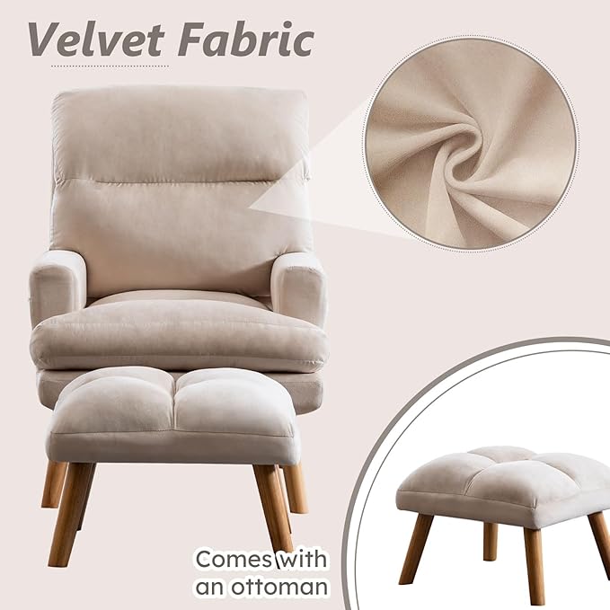 Accent Chair with Ottoman Comfy Reading Chair Armchair with Adjustable Backrest and Side Pockets Soft Fabric Leisure Sofa for Bedroom, Living Room, Dorm Rooms, Garden, Beige
