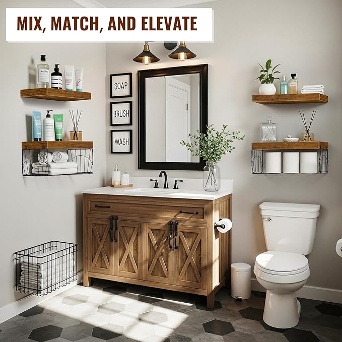 4 Pack Wall Mounted Rustic Wood Floating Shelves with 2 iron Hanging Baskets, Bathroom Shelves Over Toilet, Toilet Paper Storage, Farmhouse Decor Hanging Shelf for Living Room, Kitchen, 16 inch, Brown