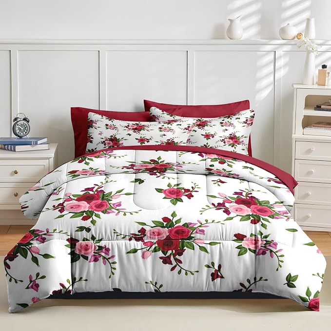 Nesker 7 Pcs Comforter Set King Size, Rose Flower Summer Bedding Set for Kids and Adults, Red Pink Floral Modern Bed Sheet Sets with Fitted Sheet 2 Pillowcases & 2 Shams