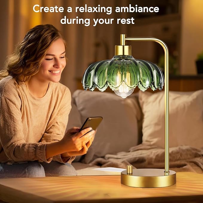 Glass Table Lamp Set of 2,Small Gold Bedside Lamps Dimmable Boho Bedroom Lamp with Tulip Flower Green Lamp Shade,Vintage Mid Century Modern Mini Nightstand Lamp for Bedroom Living Room