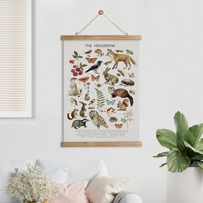 XIAOAIKA British Hedgerow Wildlife Educational Poster - Illustrated Nature Chart with Wooden Frame - Countryside Animals and Plants Wall Art for Home, School, or Nature Reserve Decor 16 x 23 Inches