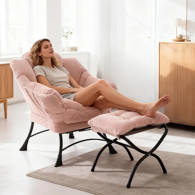 Large Lazy Chair and Ottoman for Adults, Accent Chair Oversized Lounge Armchair with Side Pocket & Footrest, Comfy Reading Chair Leisure Sofa for Bedroom, Living Room, Office (Corduroy, Pink, Single)