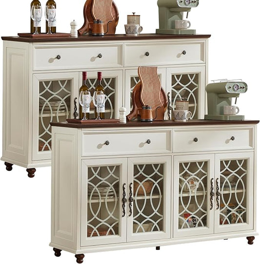 Farmhouse Sideboard Buffet Cabinet Set of 2 with Storage,59" Large Credenza with 4 Glass Door & 2 Drawers,Adjustable Shelves Console Table,Wood Kitchen Coffee Bar for Dining Room,White