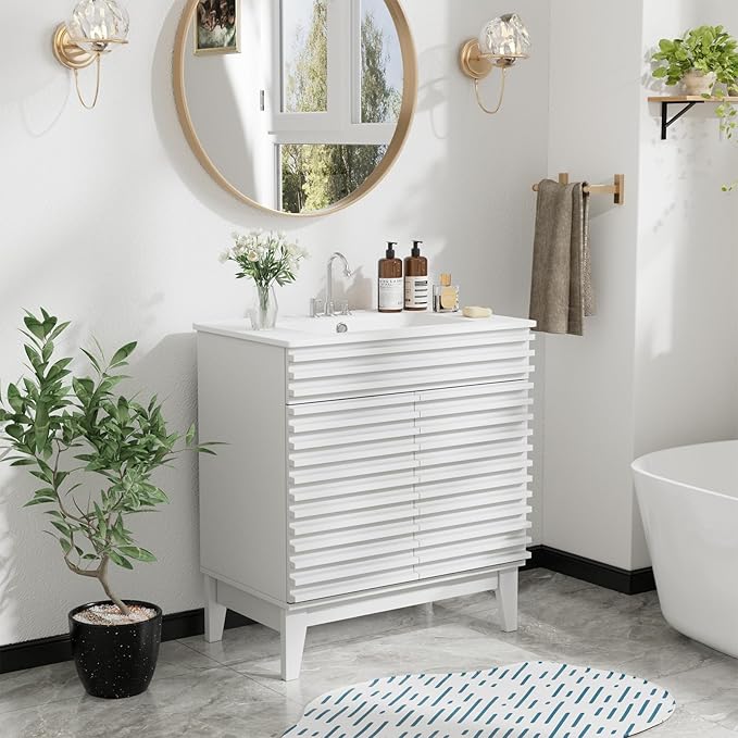 ROOMTEC 30" Bathroom Vanity with Sink, Mid-Century Freestanding Bathroom Vanity Sink with Storage, Undermount Ceramic Sink, Particleboard Frame with Wood Grain Laminate, White