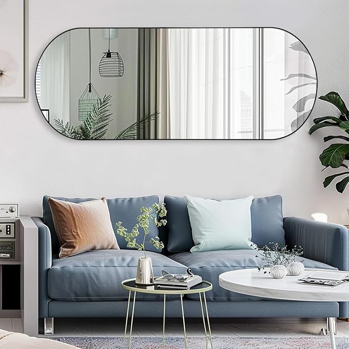 Arched Full Length Floor Mirror, Oval Full Floor Mirror, Large Wall Mounted Arched-Top Body for Living Room, Bedroom, Bathroom, Entryway, Dressing Room (Black, 64 * 21)