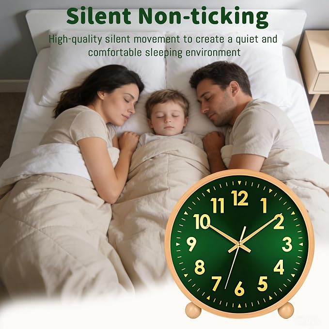Maxspace Wooden Table Clock,8in Silent Non-Ticking Desk Clock,Battery Operated Desktop Analog Clock for Living Room Office Bedroom Decor (Green Gold - Log, Wooden Ball Base)