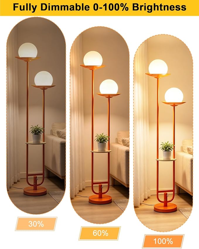 Orange Dimmable Double Globe Floor Lamp with Shelf, 63" 2-Light Mid Century Modern Standing Lamp for Living Room Bedroom, 3000K Warm White Tall Pole Lamp with Foot Switch for Home Office