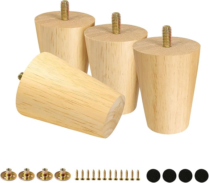 FoDau770 Rubber Wood Furniture Legs 3 Inches, Straight Tapered Wood Feet Mid Century Sofa Legs Set of 4, 5/16" UNC Furniture Feet Replacement Parts for Cabinet Couch Dresser Chair Ottoman Table
