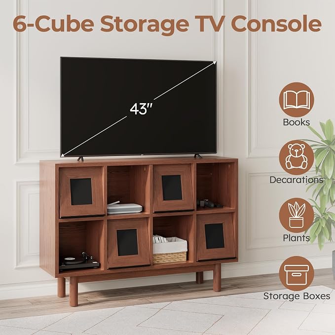 Solid Wood 8 Cube Storage Organizer, Horizontal Bookshelf with Storage, 2 Shelf Bookcase with Glass Doors TV Stand Bookshelf, Small Book Shelf for Kids Rooms, Bedroom, Living Room, Offices (47.2 Wide)