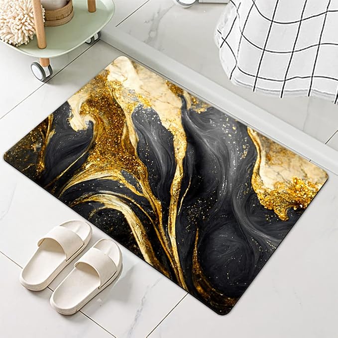 Diatomaceous Earth Bath Mat,Black Grey Gold Marble Texture Non-Slip Volume Super Absorbent Fast Drying for Bathroom Kitchen Door mat,Eco-Friendly Easy to Clean 16×24Inch (40 * 60cm)