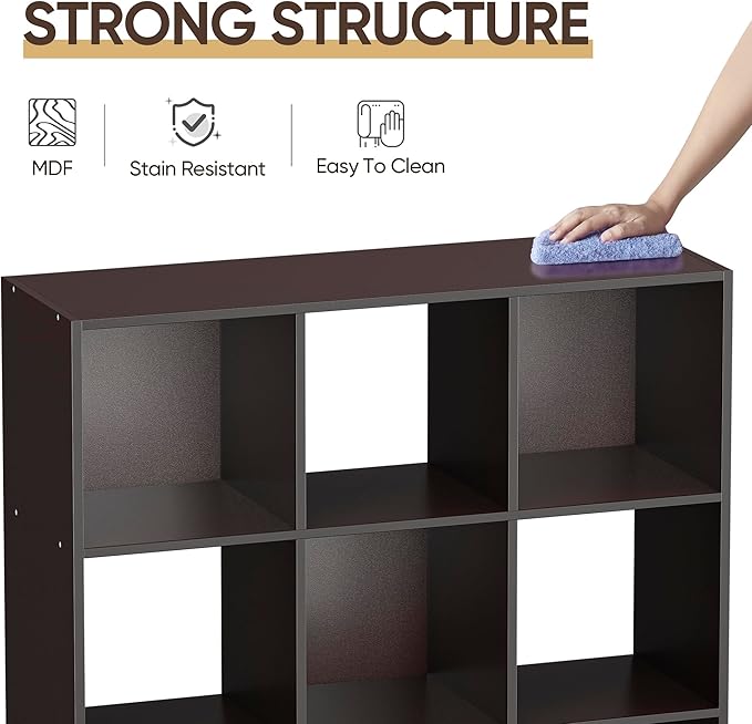 9 Cube Storage Organizer Wooden Display Storage Shelf W/5 Removable Back Panels&11 inch Opening Shelf, Customizable Cubby Bookcase Cabinet Bookshelves for Office, Living Room and Bedroom, Dark Brown
