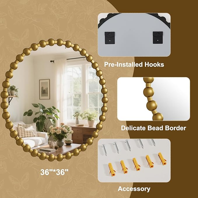 Easly Round Mirror for Wall, 36 Inch Gold Beaded Frame Decorative Vanity Mirror, Circle Bathroom Mirror with High-Definition Lense, Modern Wall Decor for Bathroom, Living Room, Bedroom, Entryway