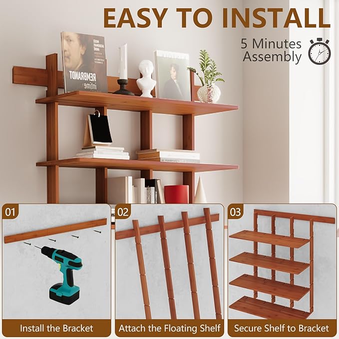 4-Tier Wall Mounted Bamboo Bookshelf, 43×52 Inch Large Floating Shelves with 600lbs Capacity, Rustic Farmhouse Heavy Duty Hanging Wall Shelf for Living Room, Coffee Bar, Book Storage, Kitchen, Brown
