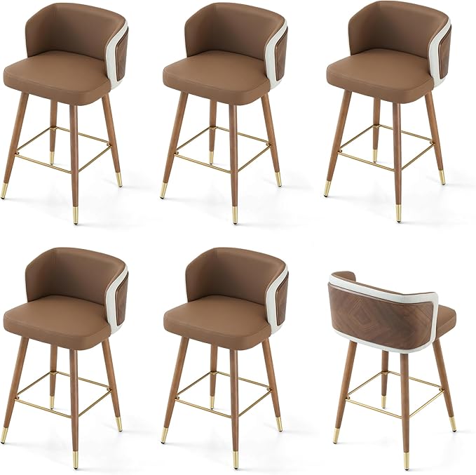 ARTPLAN Mid Century Modern Bar Stools Set of 6 for Counter Height - Leather Upholstered Seat with Walnut Wood Frame, Retro 34 Inch Bar Chairs for Home Kitchen Island, Bar, Breakfast Nook,Brown