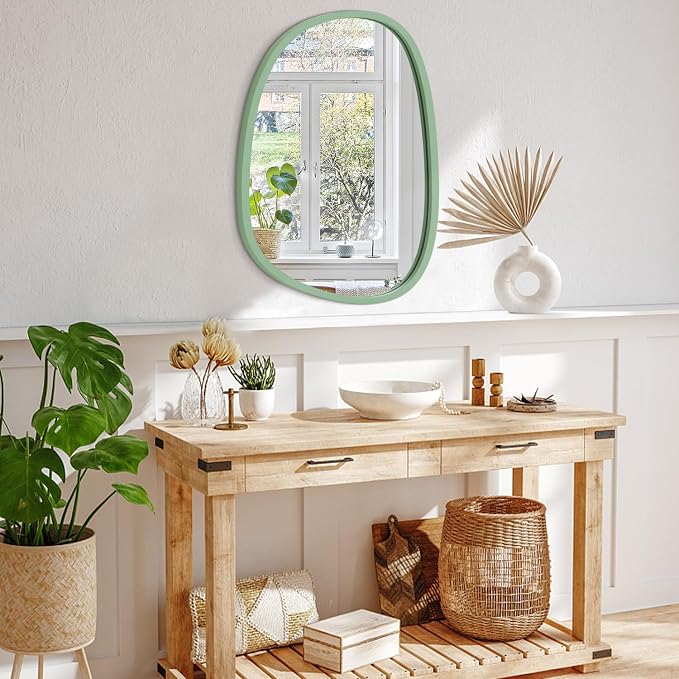 Asymmetrical Mirror for Wall Decor Green Modern Wooden Framed Wall Mirror Unique Shape Wall Mounted Vanity Artistic Mirror Decorative for Living Room Bedroom Bathroom Entryway Large 26"x18"
