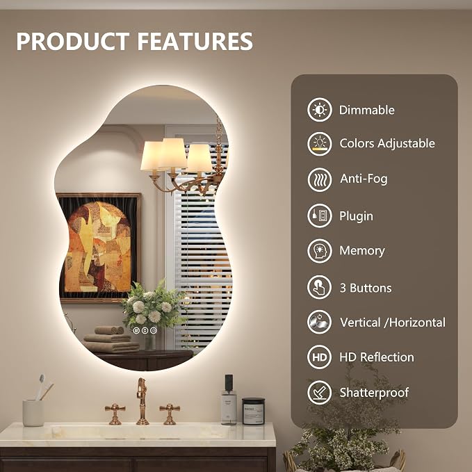 24x36 Inch Asymmetrical LED Bathroom Mirror, Irregular Cloud LED Lighted Vanity Mirror with Lights for Wall, Anti-Fog, Dimmable, 3 Colors, Memory (Horizontal/Vertical)