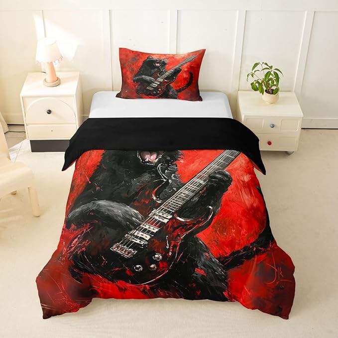 Erosebridal Rock Music Duvet Cover Twin Rock Black Cat Guitar Bedding Set Punk Music Lovers Room Decor Comforter Cover,Trendy Oil Painting Bed Set