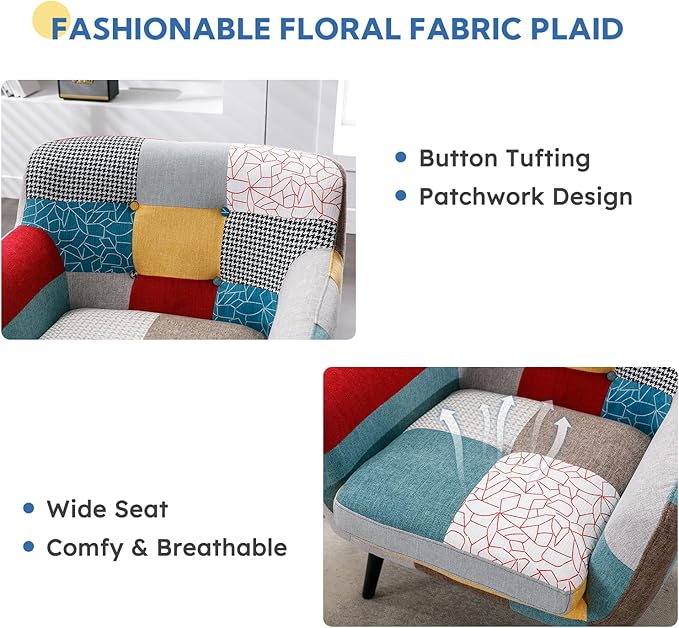 Bonzy Home Modern Oversized Accent Chair for Living Room, Colorful Boho Linen Fabric Upholstered Armchair with Wood Legs, Single Chair
