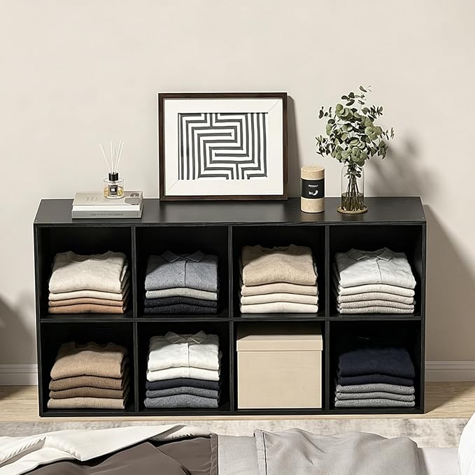 Wooden 8 Cube Storage Organizer with Closed Back Panel,Black Cube Shelf Cubby Storage Organizers with Compartments for Living,Bookshelf,Organizers Easy to Install (Black, 8 Cube)