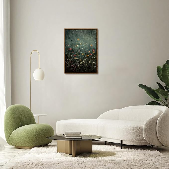 WALLZK Vintage Framed Wall Art Wildflower Canvas Prints Botanical Pictures Green Nature Floral Decor Artwork for Walls Living Room Bedroom Bathroom 16"x24"