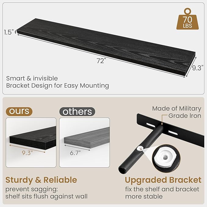 Fun Memories 72 Inch Floating Shelves in Black, 9.3 Inch Deep Floating Shelf for Bathroom Living Room Kitchen, Rusitc Wall Mounted Bathroom Shelves 1 Pack, Heavy-Duty Deep Shelf for Books Decor