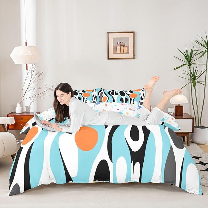 Erosebridal Organic Abstract Duvet Cover Set Modern Contemporary King Bedding Set for Adult Men Boho Mid Century Wavy Lines Comforter Cover Retro Geometric Bed Sets,Turquoise Orange