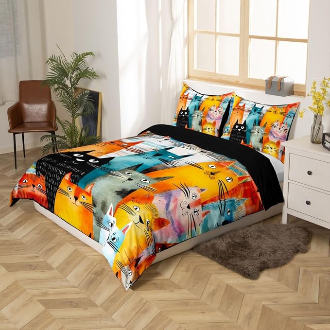 Erosebridal Trendy Cats Comforter Cover Queen Cute Pets Cat Bedding Set Abstract Cat Animals Duvet Cover for Kids Girls Boys Adults Oil Painting Strokes Brush Bed Set
