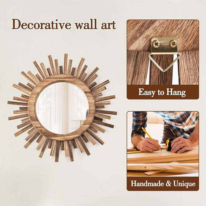 12 Inch Boho Sunburst Mirror, Round Wooden Wall Decor Starburst Sun Mirror for Bedroom, Living Room, Bathroom, Hallway, Balcony, Farmhouse Entryway, Housewarming Gift（Rustic Brown
