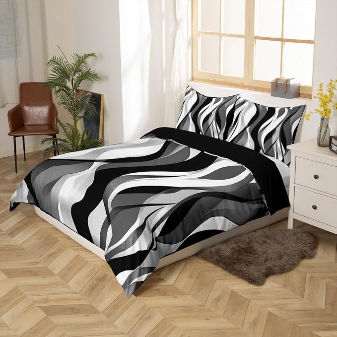 Grey Black Stripes Duvet Cover Set Twin Size,Abstract Geometric Comfy Striped Waves Bedding Set,Boys Girls Room Decor,Minimalist Art Style Comforter Cover,Chic Quilt Cover,1 Pillowcase(No Filler)