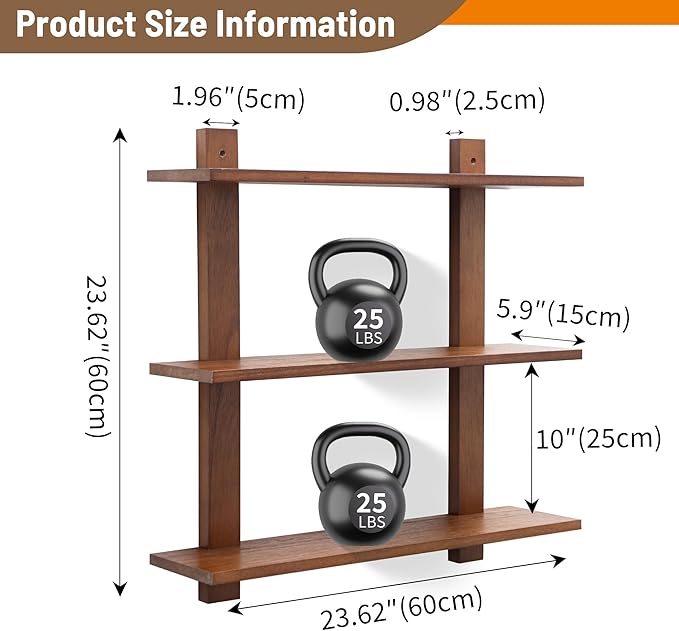 3 Tier Floating Shelves,Long Wall Shelf,Over The Toilet Shelves Bathroom Hanging Display Storage Rustic for Living Room Bedroom Kitchen Office Coffee Bar Decor Decorative,24 Inch,2 Pack (Walnut)