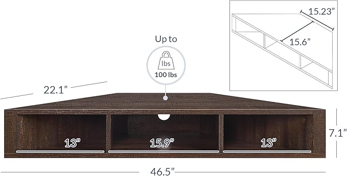 BELLEZE Modern Floating Wall Mounted Corner Shelf, 47" TV Console with Three Shelves and A Cable Cutout, Space Saving Decorative Media Corner Storage - Russel (Espresso)