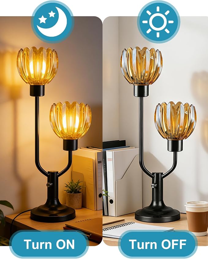 Lightdot Mid Century Modern Flower Table Lamp for Bedroom Dimmable Nightstand Lamp Amber Glass Vintage Black Desk Lamp 2 Bulbs Included Warmwhite Ambient Bedside Lamp for Living Room Home Office Decor