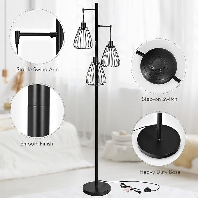 Tangkula Industrial Floor Lamp, 3-Light Tall Tree Lamp with 3 Hanging Lampshades, Freestanding Teardrop Cage Floor Light with Lamp Holder, Bulb, Foot Switch for Hallway, Living Room, Bedroom