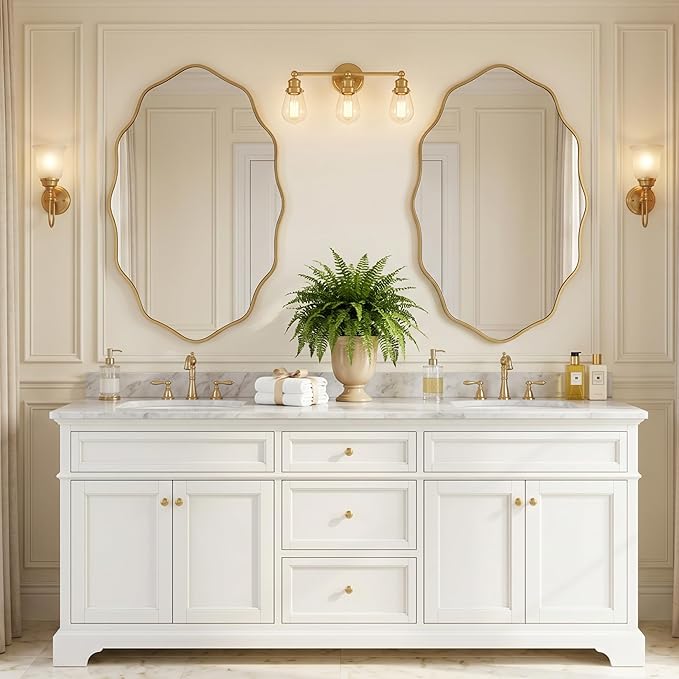 PERFNIQUE Gold Scalloped Mirror, 30''L×18''W Oval Wavy Wood Framed Mirror for Wall Decor, Hanging Leaning for Bathroom, Nursery, Entryway, Vanity, Living Room